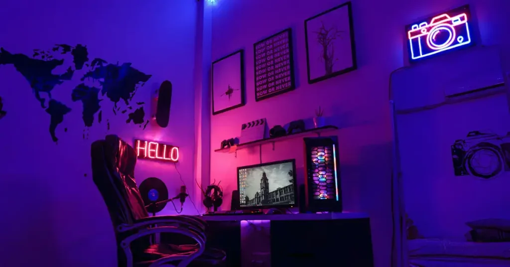rgb lighted small gaming room setup