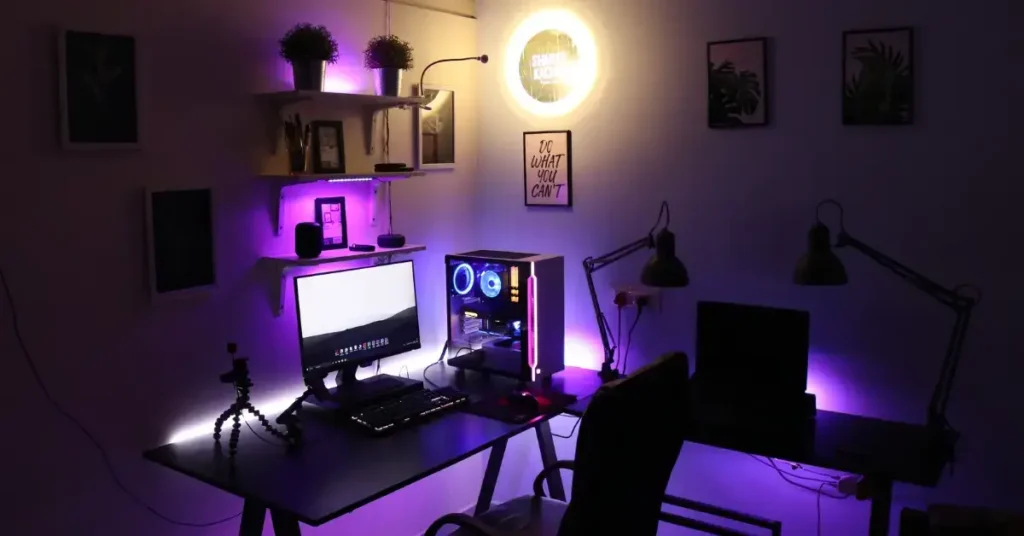 dark purple gaming room setup
