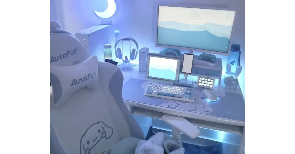 white and blue gaming room with a Cinnamoroll Gaming Chair